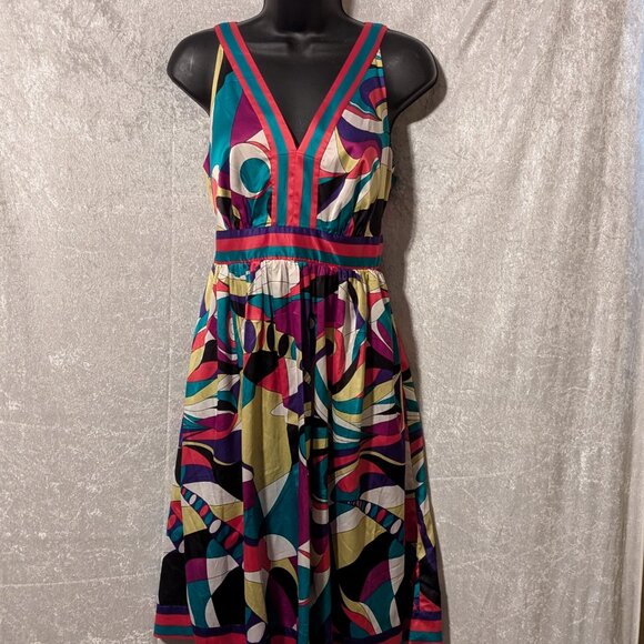 ECI NEW YORK Silk Colorful V Neck Dress Waist Tie Ruching Waist Size 10 - Picture 2 of 9